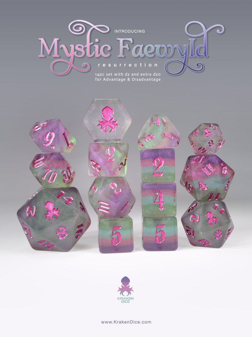 Mystic Faewyld: Resurrection 14pc Polyhedral Dice set with Purple Ink
